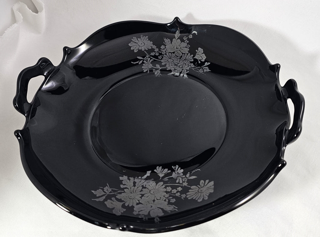 Vintage Depression Era Elegant Mt Pleasant LE Smith Black Amethyst Glass Double Handle Cake Plate