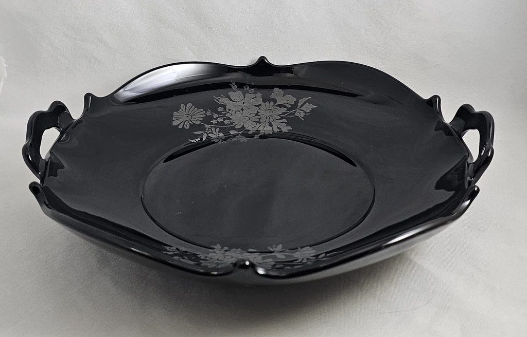 Vintage Depression Era Elegant Mt Pleasant LE Smith Black Amethyst Glass Double Handle Cake Plate