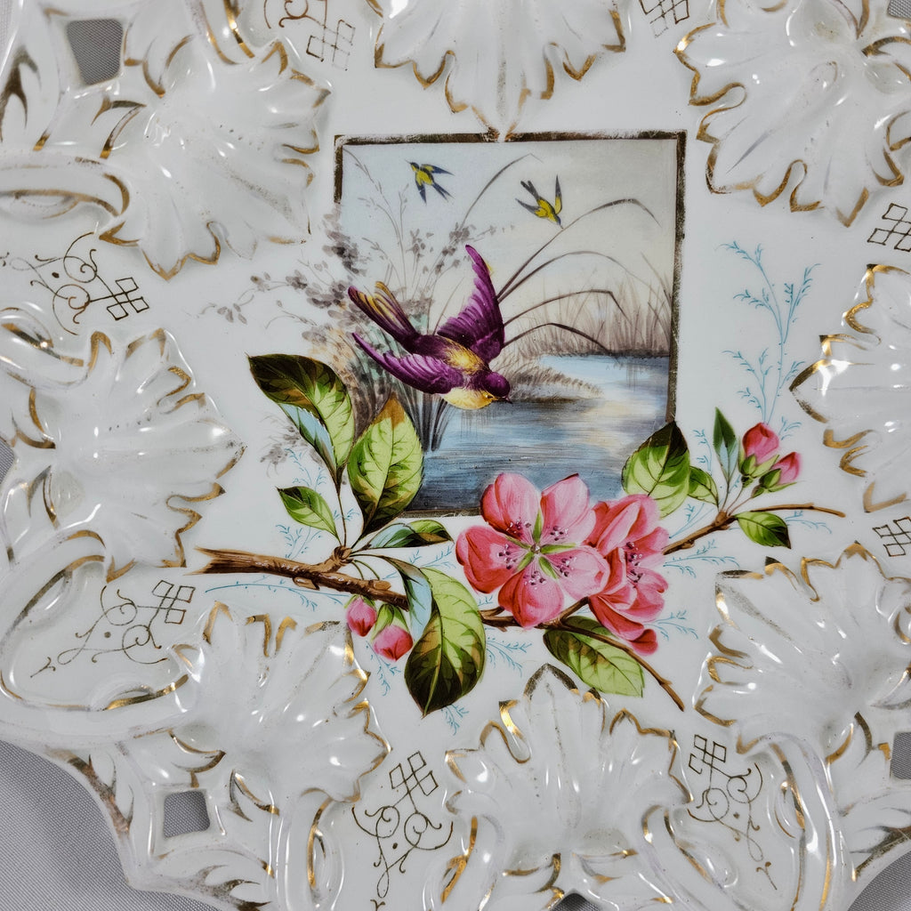 Antique Austrian Porcelain Deep Reticulated Plate Mold Blown Leaves Bird Water Flower Scene
