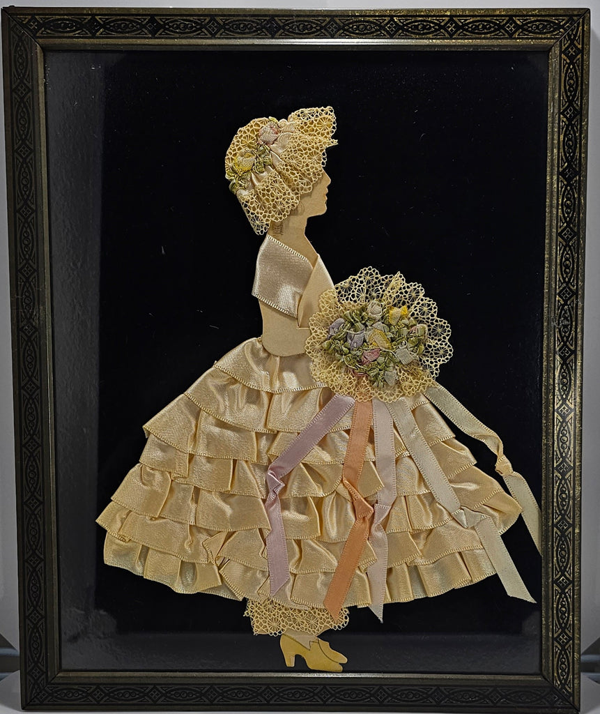 Vintage Art Deco Ribbon Paper Doll Yellow Silk Lace Lady Gold Embossed Frame
