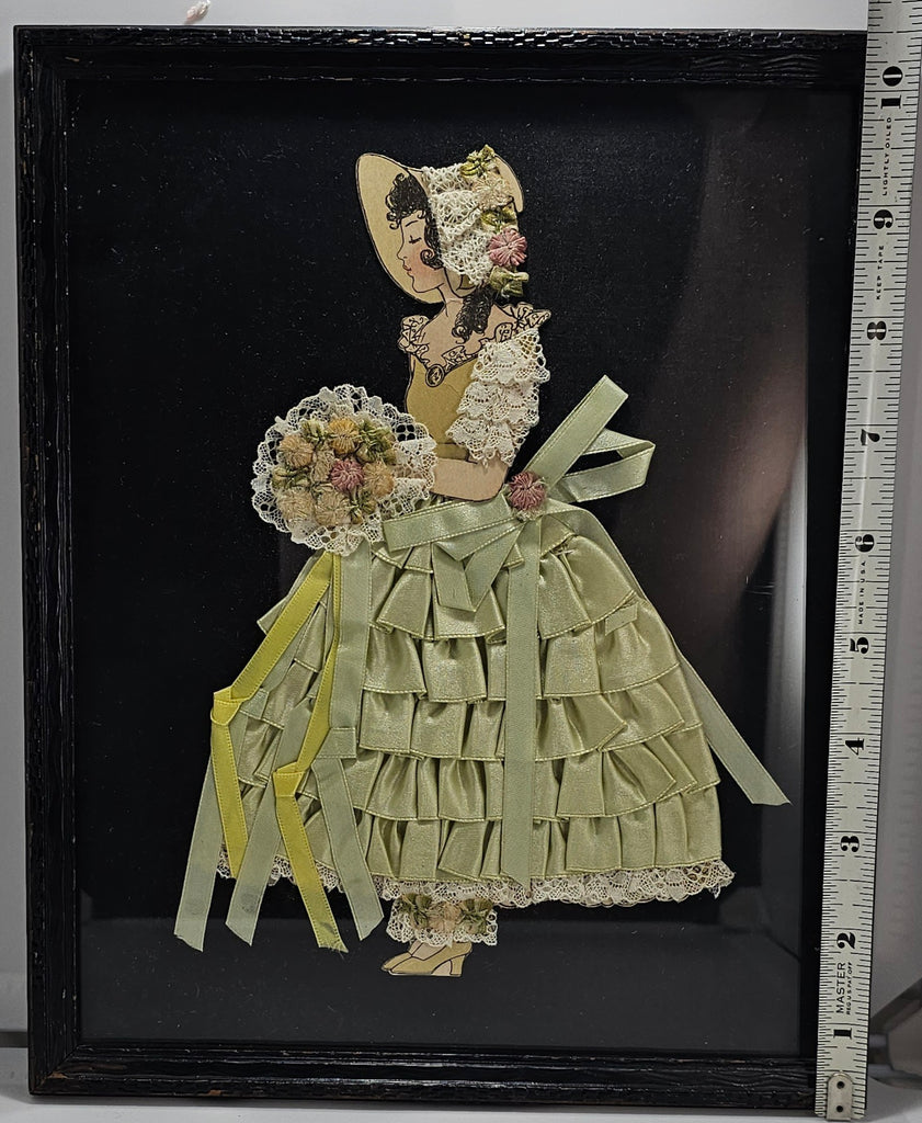 Vintage Art Deco Ribbon Paper Doll Green Silk Lace Lady Embossed Frame