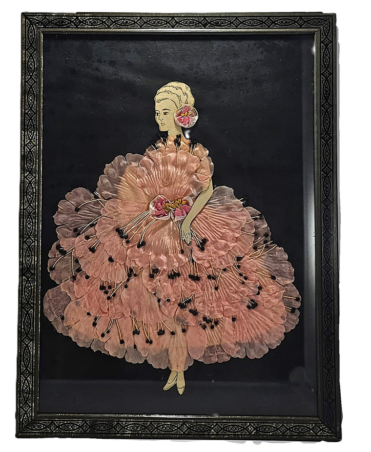 Vintage Art Deco Paper Doll Lady in Pink Shell Style Dress Embossed Frame