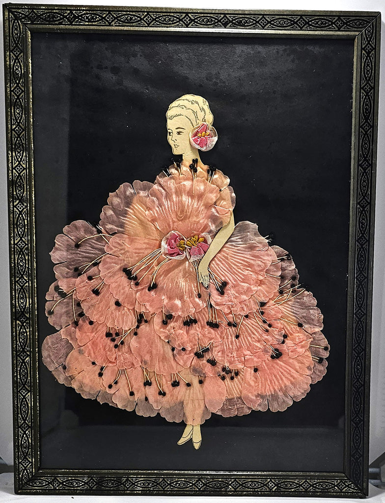 Vintage Art Deco Paper Doll Lady in Pink Shell Style Dress Embossed Frame