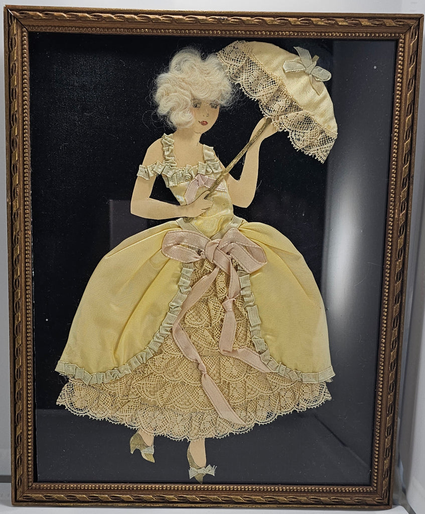 Vintage Art Deco Paper Doll Lady in Yellow Dress Holding Parasol Applied "Real" Hair Embossed Frame