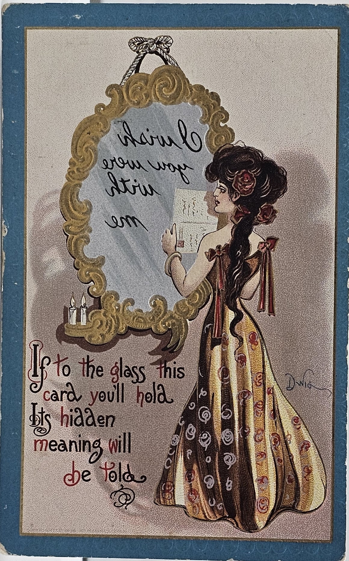 Romantic Artist Dwig Woman Wishing for Man Hidden Message in Mirror