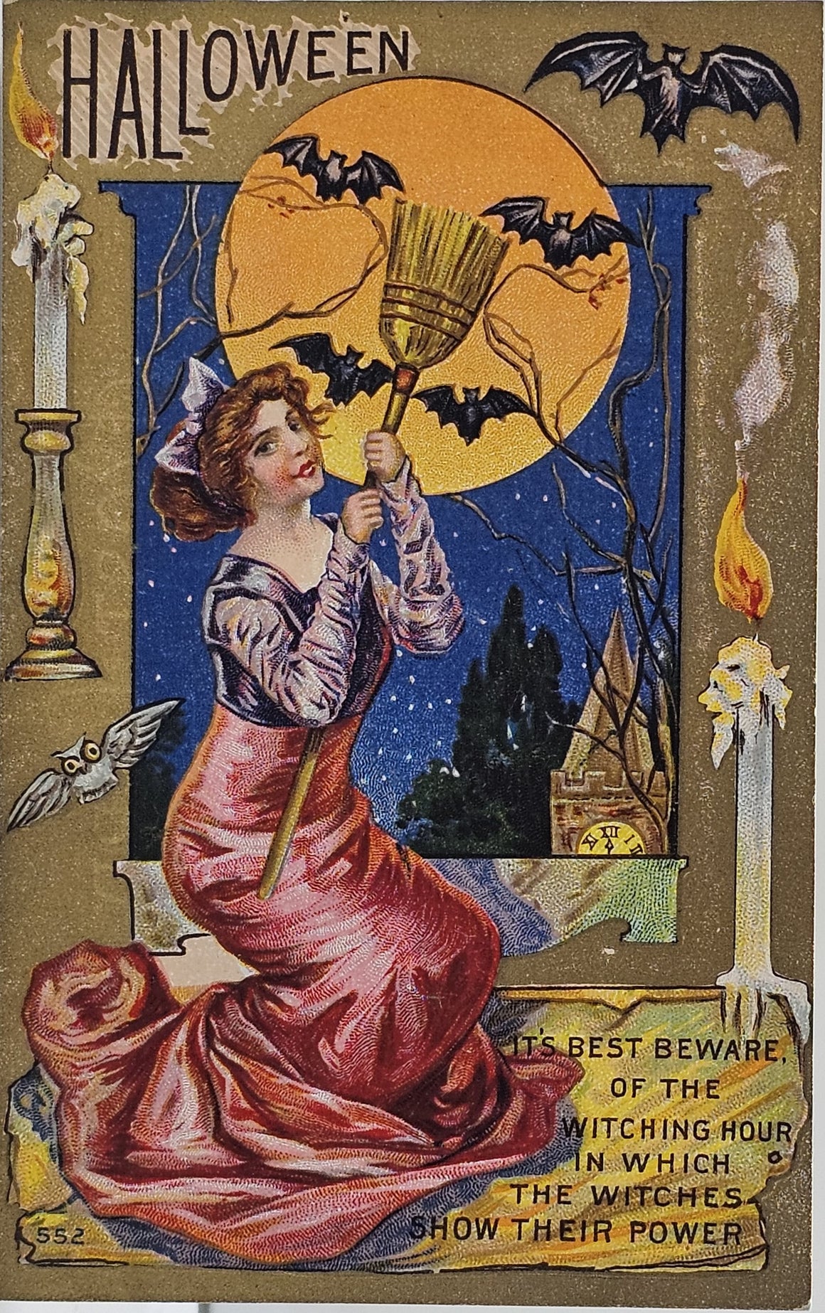 Halloween Postcard Glamorous Witch Holding Broomstick with Flying Bats in Front of Full Moon Series 552 Suffrage Women Movement