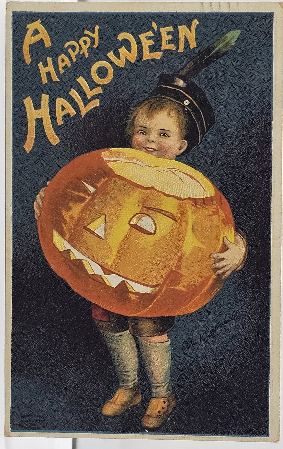 Halloween Postcard Artist Clapsaddle Boy Holding Giant JOL Pumpkin IAP Series 978
