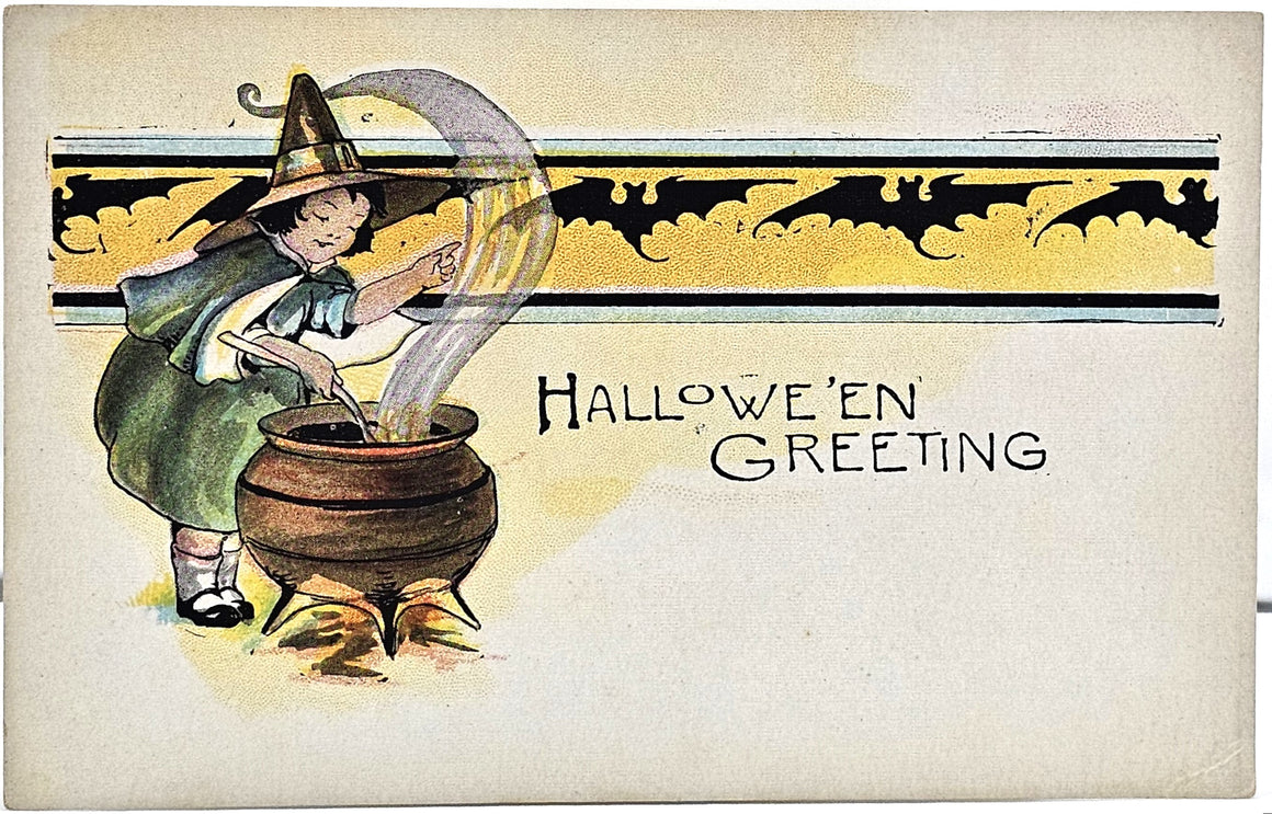 Halloween Postcard Little Witch Girl in Green Dress Stirring Cauldron with Bats in Background Series 298