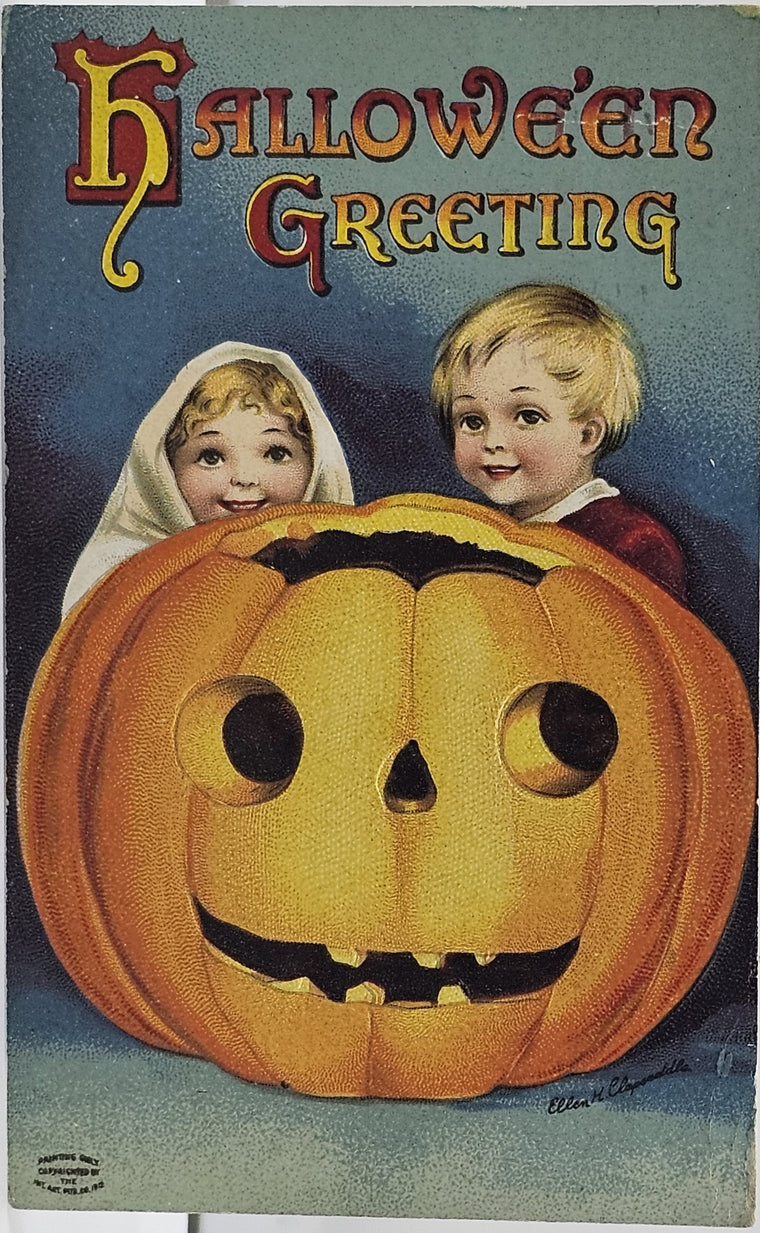 Halloween Postcard Artist Clapsaddle Little Boy & Girl Hiding Behind Giant JOL Pumpkin IAP Series 1393