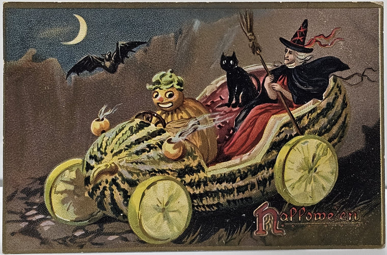 Halloween Postcard Witch with Black Cat Riding In Squash Car with JOL Man Driving in Night Tuck Pub Series 150
