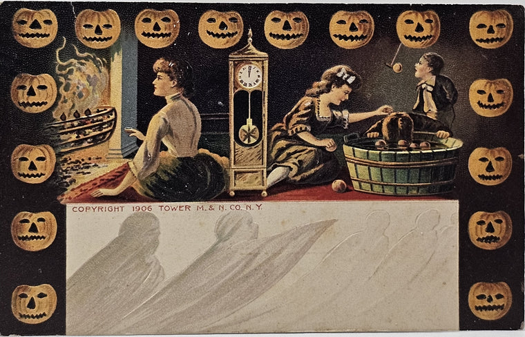 Halloween Postcard JOL Border Ghosts & Games Embossed NO 101 S Series Apple Bobbing Woman Watching Fire
