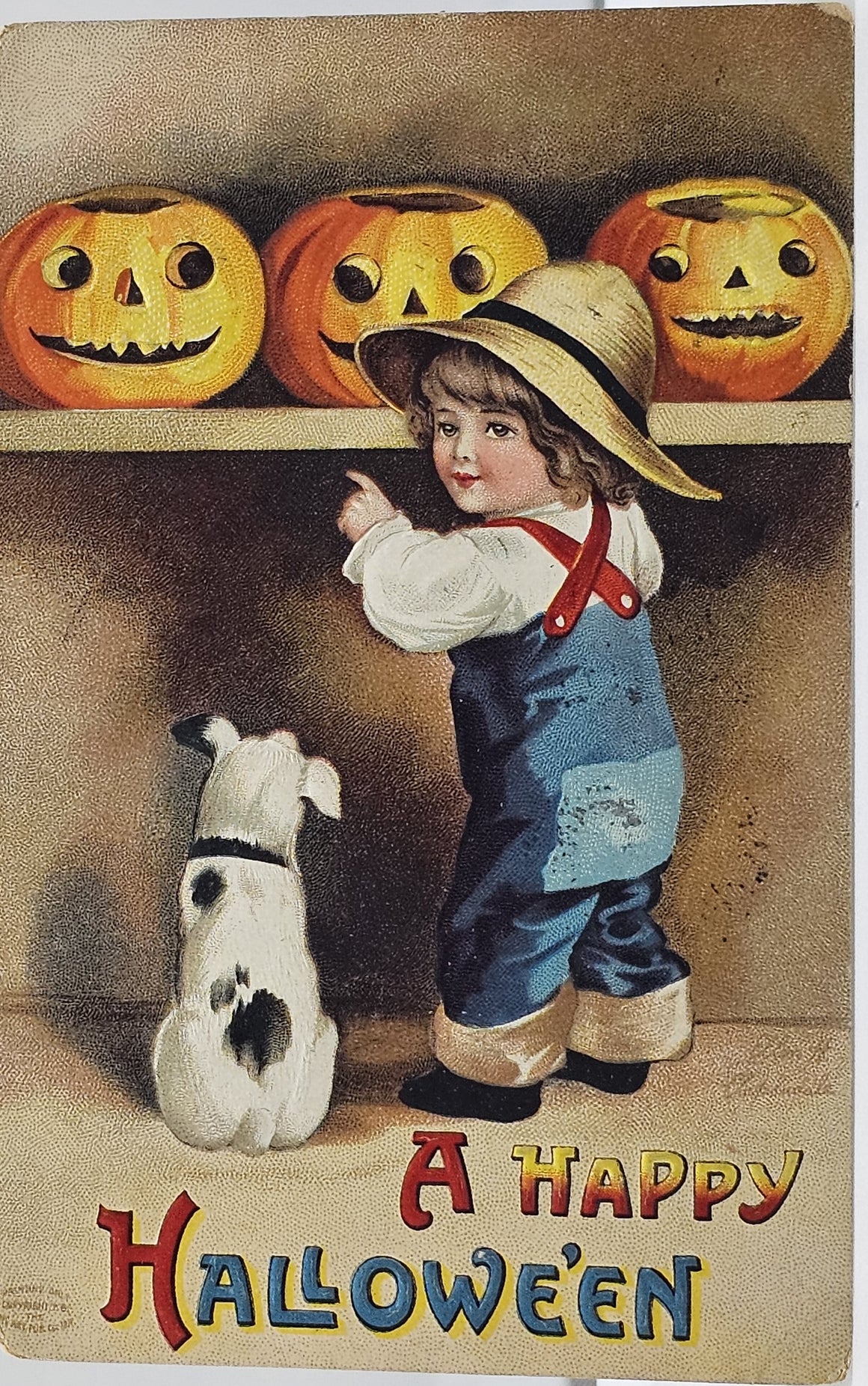 Halloween Postcard Artist Clapsaddle Little Boy & Dog with JOL Pumpkins IAP Series 1237