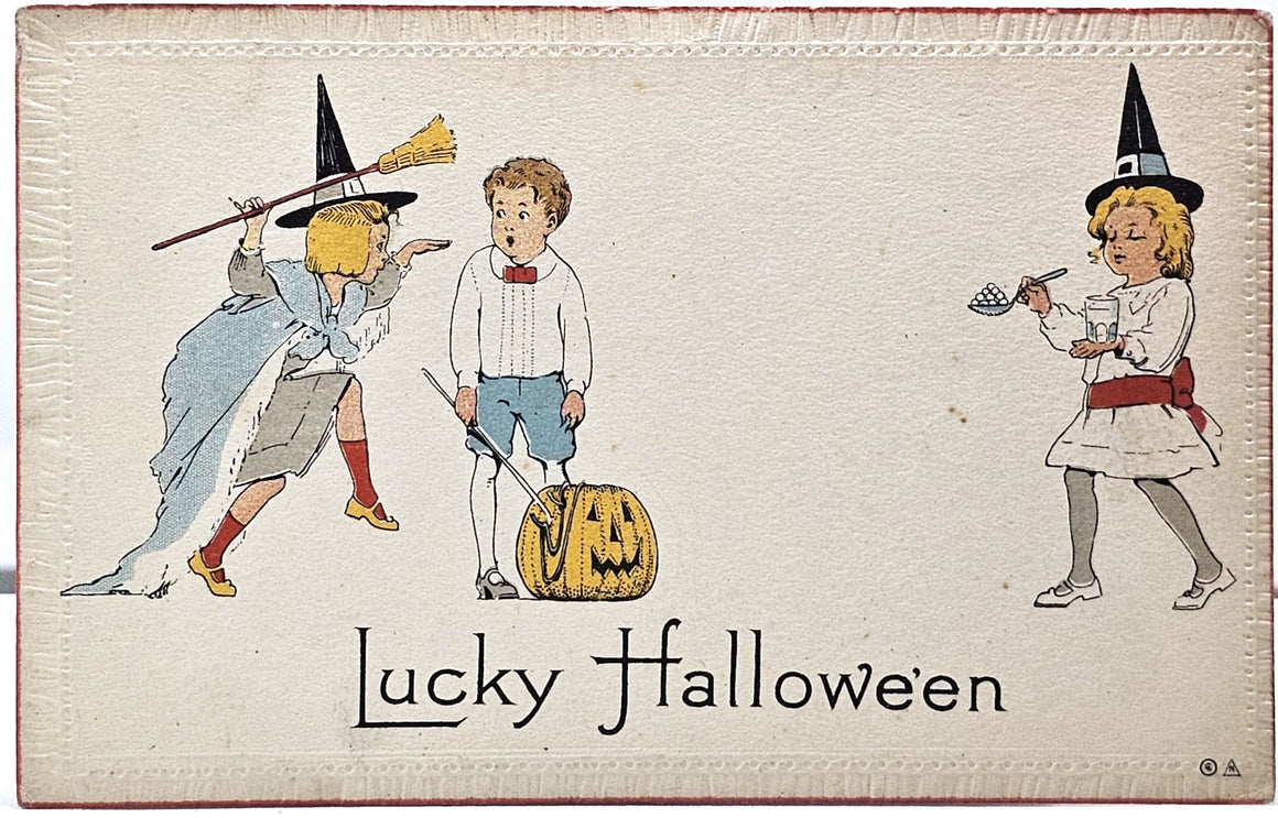 Halloween Postcard Children Dressed as Witches with Little Boy JOL Pumpkin Broom Nash 8A Unposted