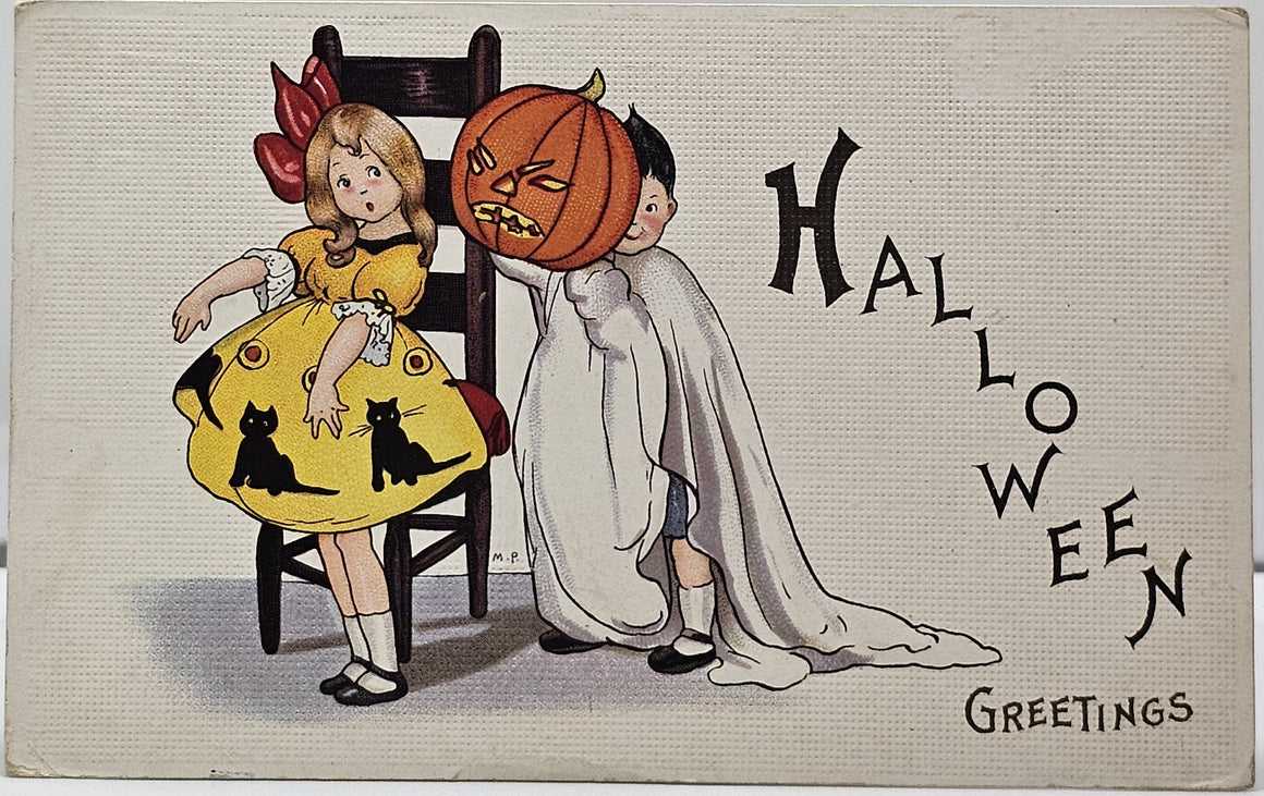 Halloween Postcard Little Boy Dressed as Ghost Scaring Girl Stetcher Series 400F