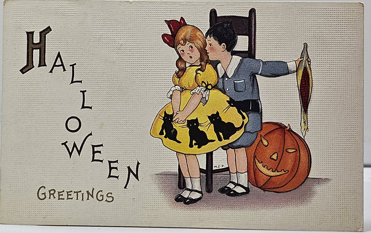 Halloween Postcard Little Boy Holding Mask Whispering to Girl in Bat Dress Giant JOL at Feet Stetcher Series 400F
