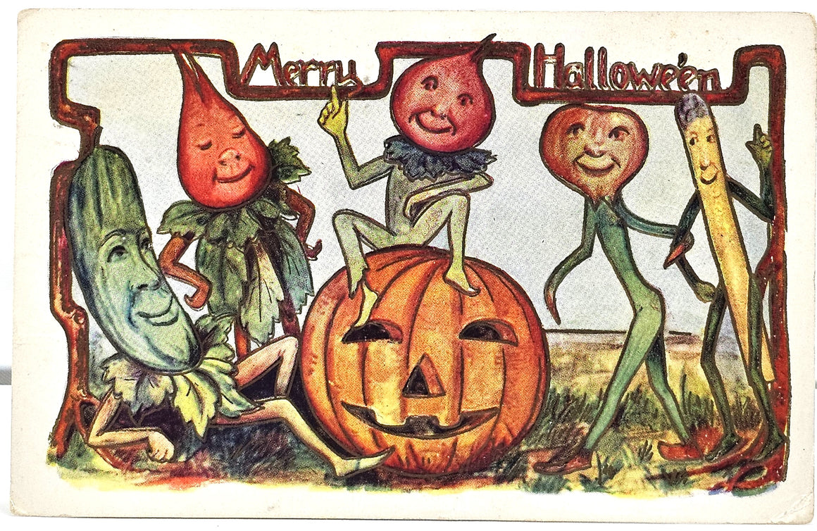 Halloween Postcard  Anthropomorphic Vegetable People Dancing Around JOL Pumpkin