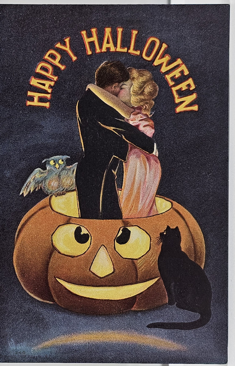 Halloween Postcard Kissing Couple in Giant JOL Pumpkin Black Cat & Owl Watch in Night