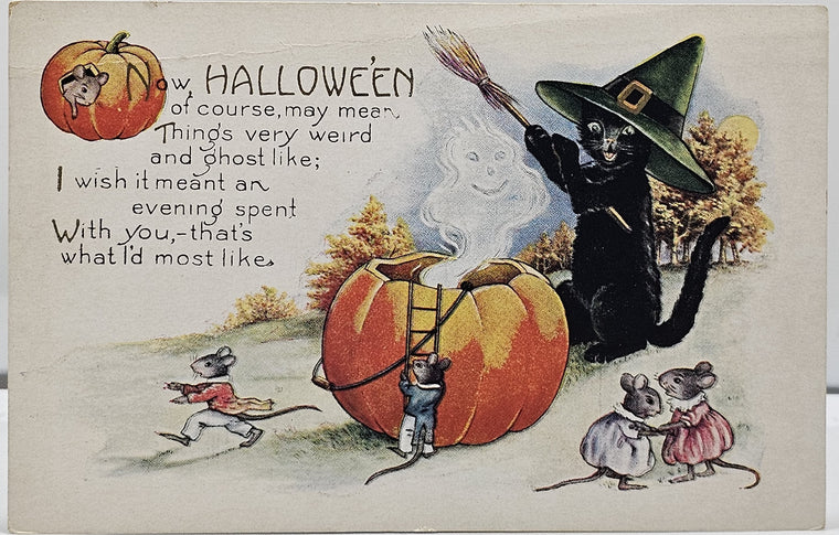 Halloween Postcard Whitney Anthropomorphic Black Cat in Witches Hat Stirring Cauldron in JOL Mice Assist