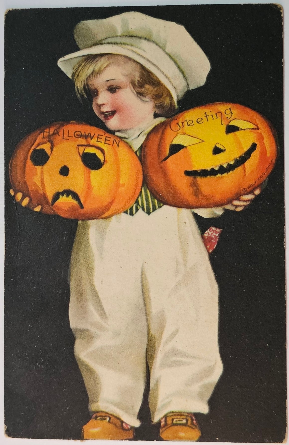 Halloween Postcard Ellen Clapsaddle Little Dutch Child Holding JOL Carved Pumpkins Black Background Wolf Pub 501
