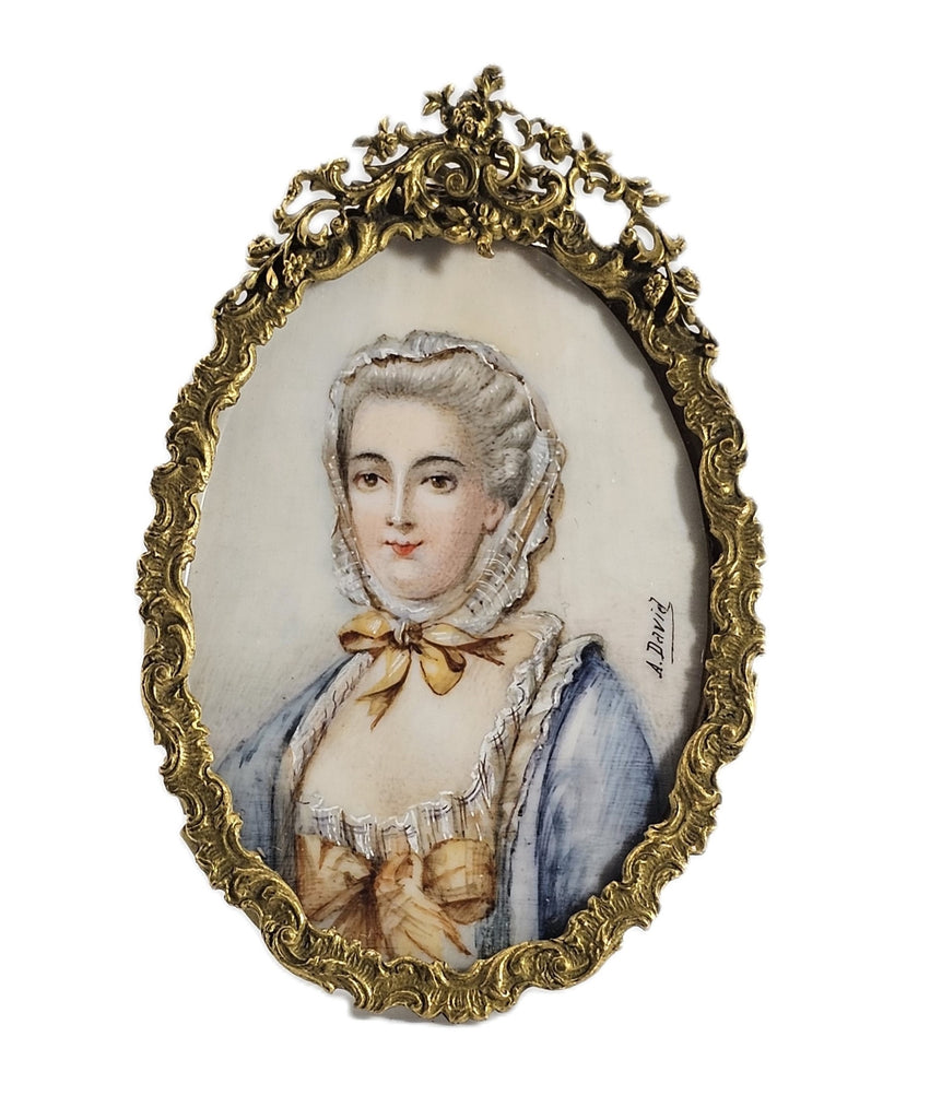 Antique Hand Painted Miniature Portrait Painting Madame de Pompadour Gilt Brass Frame Artist Signed 'David'