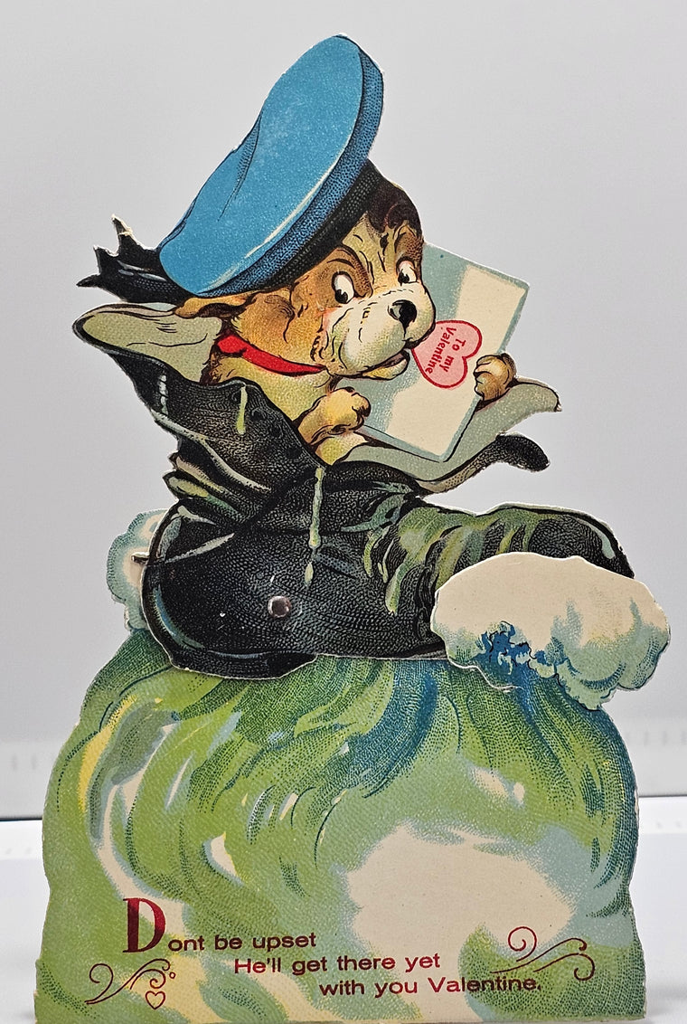 Vintage Die Cut Mechanical Valentine Card Puppy Dog in Sailor Hat Riding in Shoe on Water