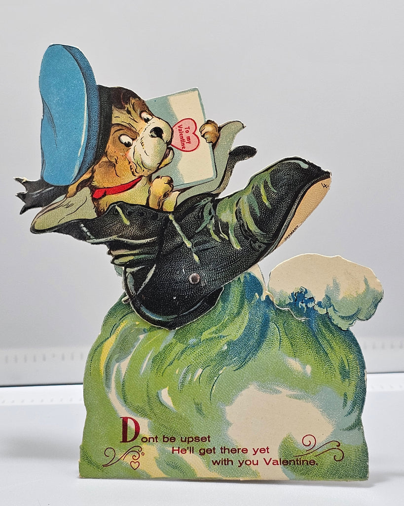 Vintage Die Cut Mechanical Valentine Card Puppy Dog in Sailor Hat Riding in Shoe on Water