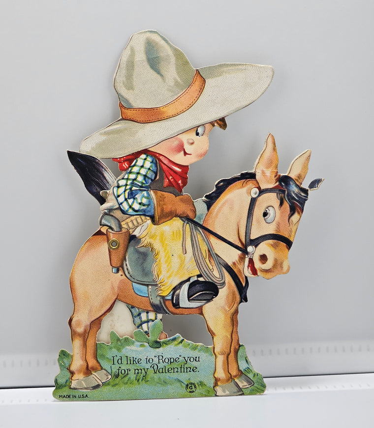 Vintage Die Cut Mechanical Valentine Card Little Cowboy on Horse Holding Valentine's