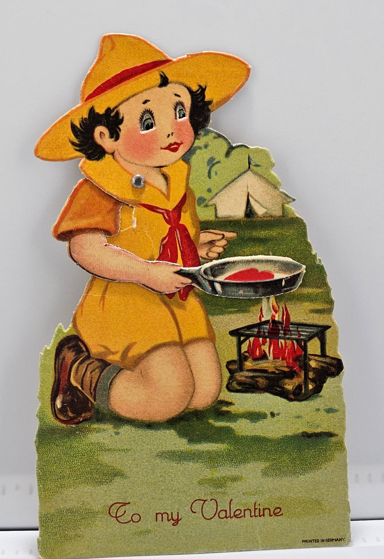 Vintage Die Cut Mechanical Valentine Card Little Girl Scout Cooking Heart Over Open Camp Fire