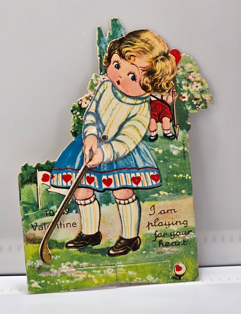 Vintage Die Cut Mechanical Valentine Card Little Girl Playing Golf