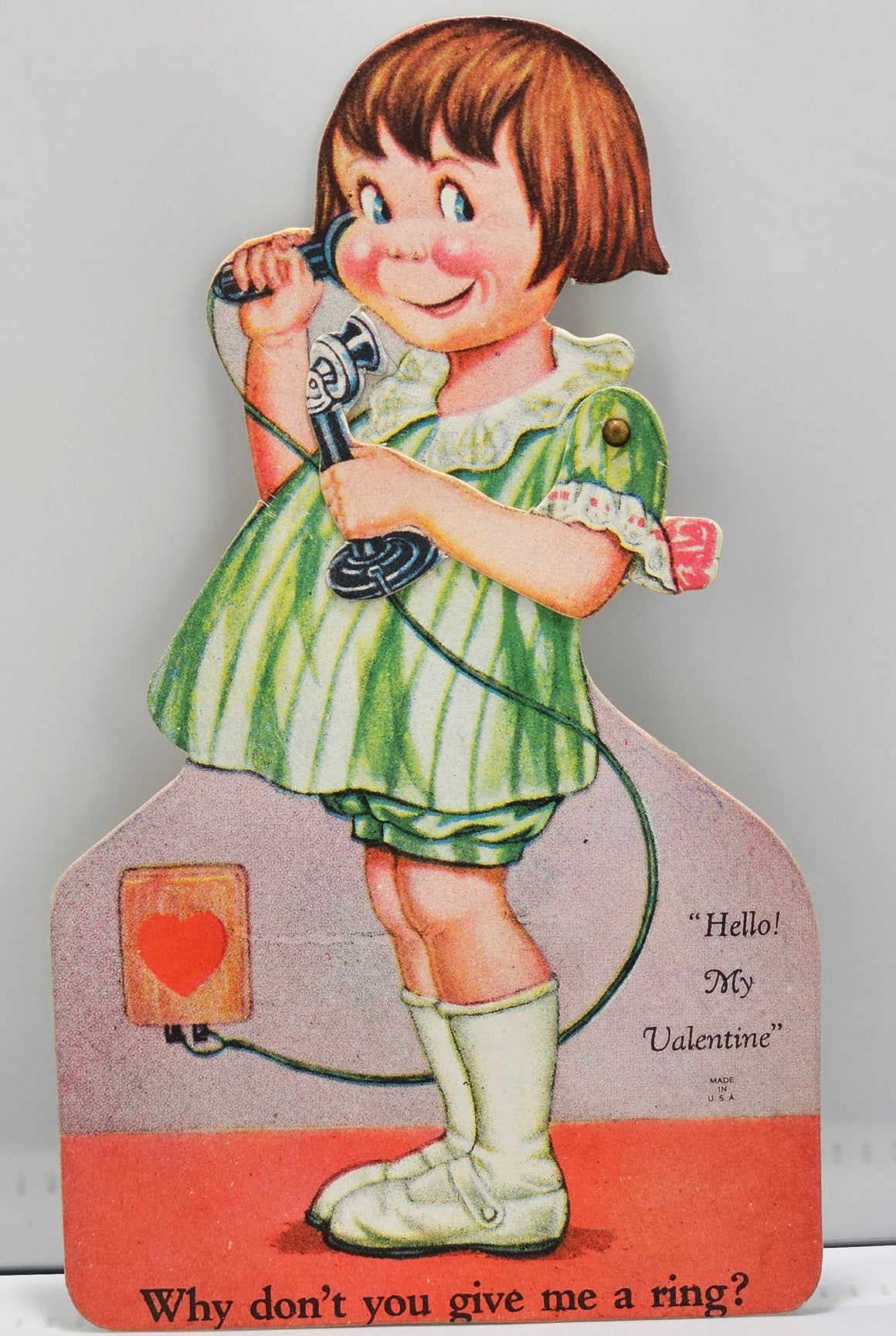 Vintage Die Cut Mechanical Valentine Card Little Girl on Phone Charles Twelvetrees