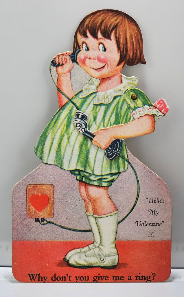 Vintage Die Cut Mechanical Valentine Card Little Girl on Phone Charles Twelvetrees