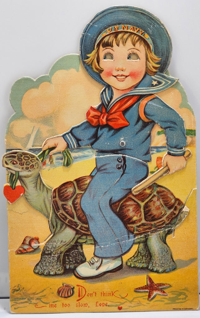Vintage Die Cut Mechanical Valentine Card Little Sailor Boy Riding Sea Turtle