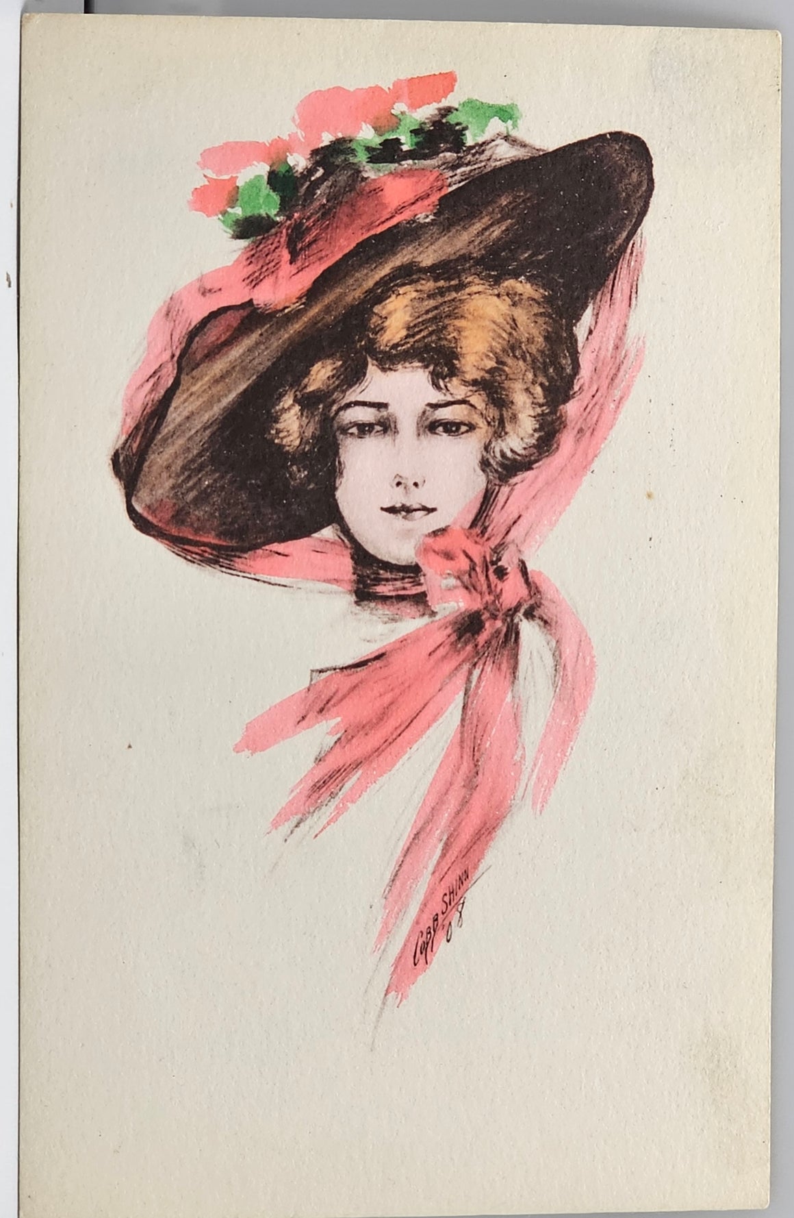 Artist Postcard Cobb Shinn Signed Edwardian Style Woman in Hat Hand Tinted Pink 1908