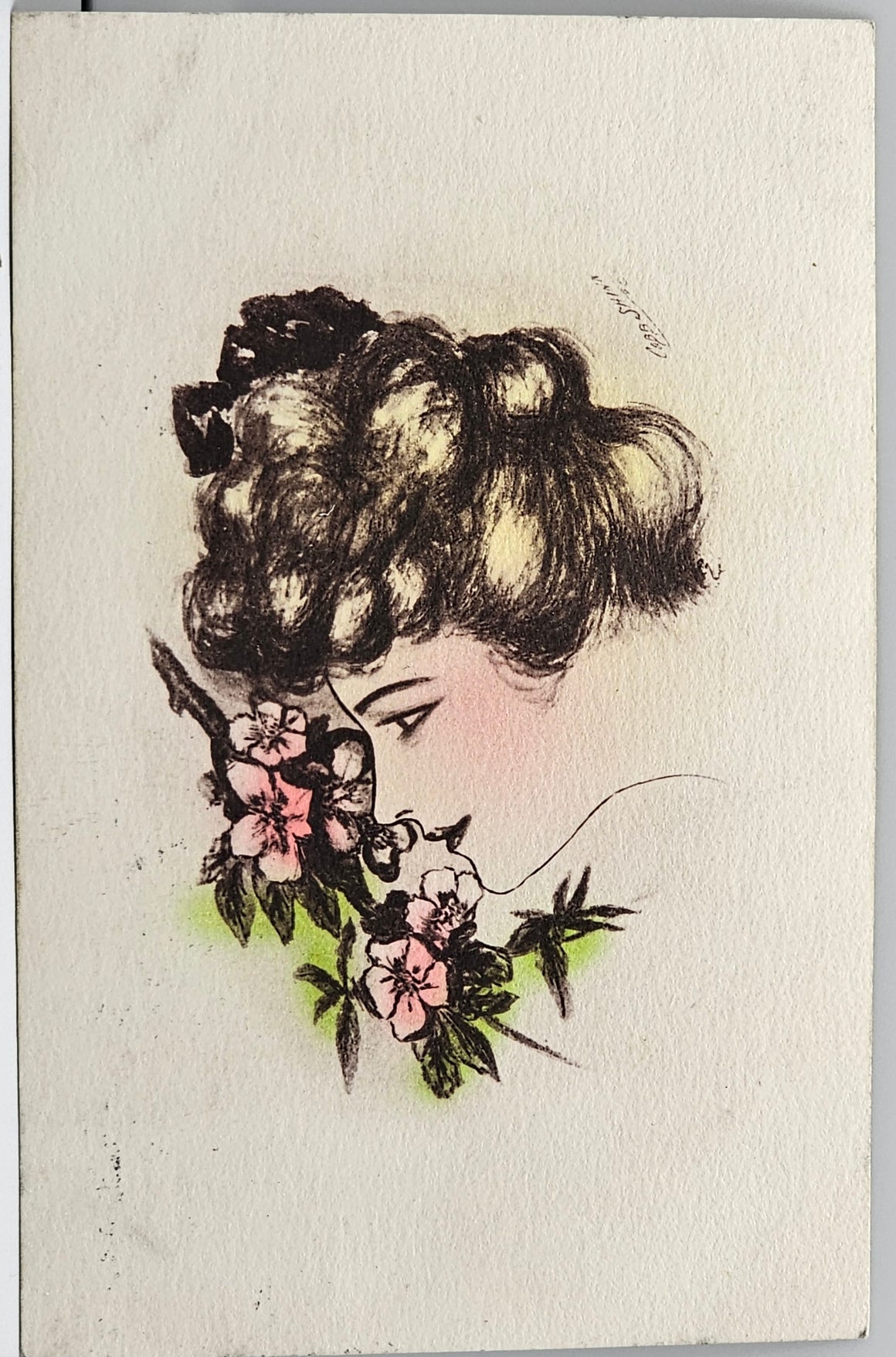 Artist Postcard Cobb Shinn Signed Art Nouveau Style Brunette Woman Smelling Flowers Hand Tinted 1908