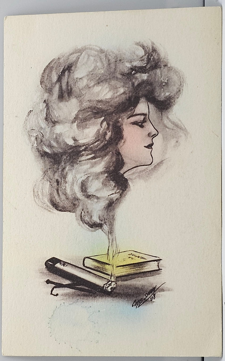 Artist Postcard Cobb Shinn Signed Hand Tinted Art Nouveau Card Face of Woman From Smoke