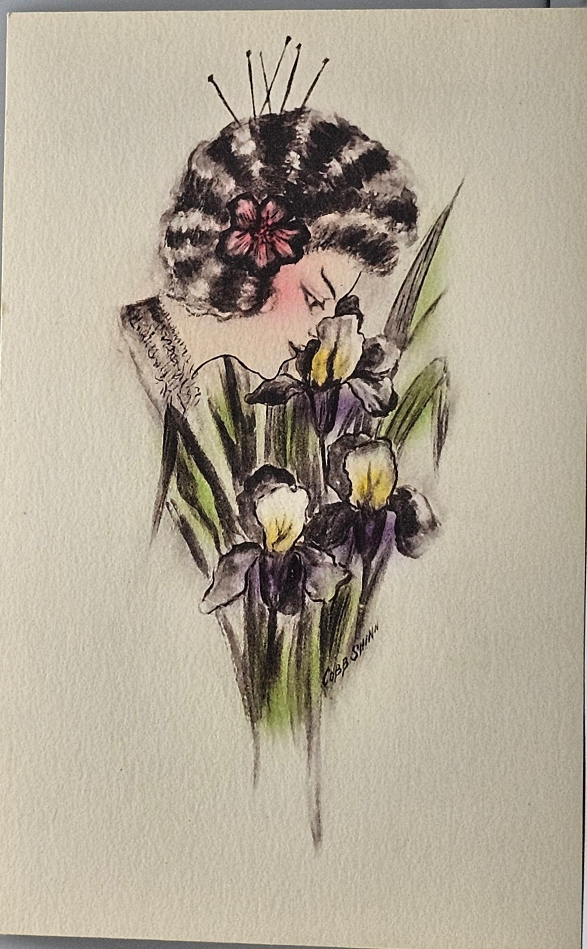 Artist Postcard Cobb Shinn Signed Hand Tinted Art Nouveau Card Woman Smelling Iris Flowers