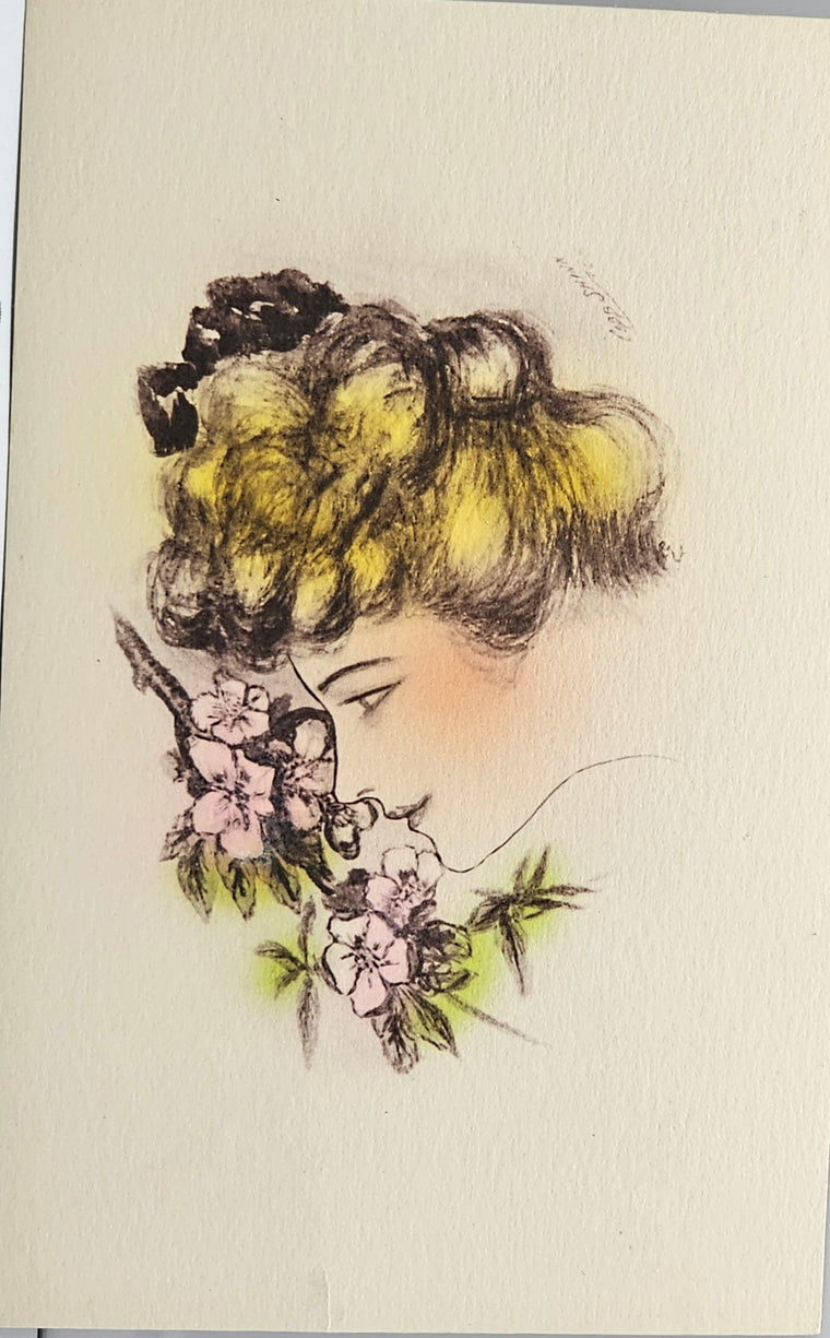 Artist Postcard Cobb Shinn Signed Art Nouveau Style Blonde Woman Smelling Flowers Hand Tinted 1908