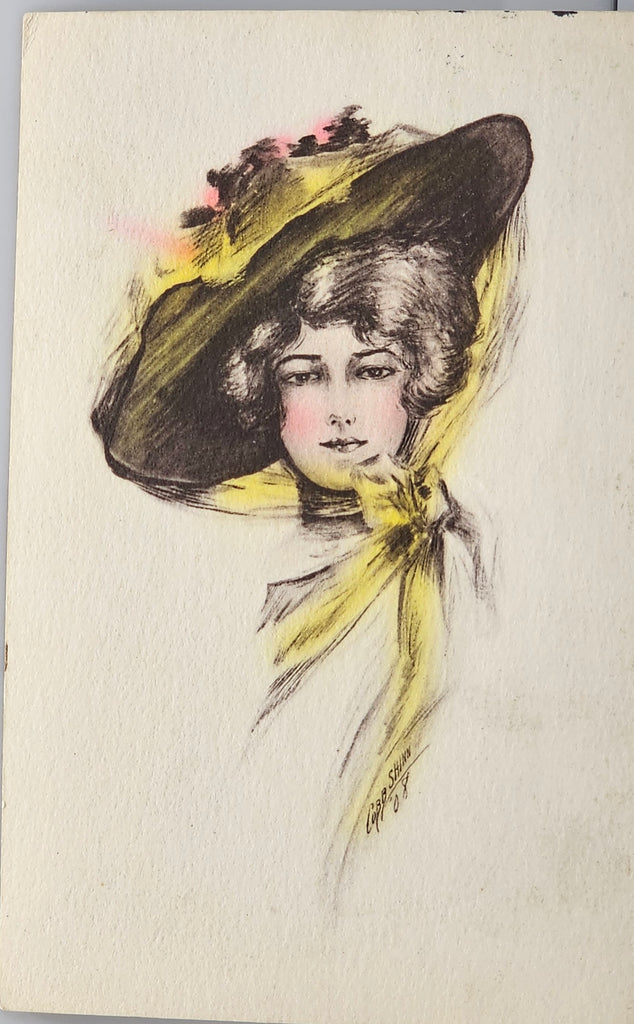 Artist Postcard Cobb Shinn Signed Edwardian Style Woman in Hat Hand Tinted Yellow 1908