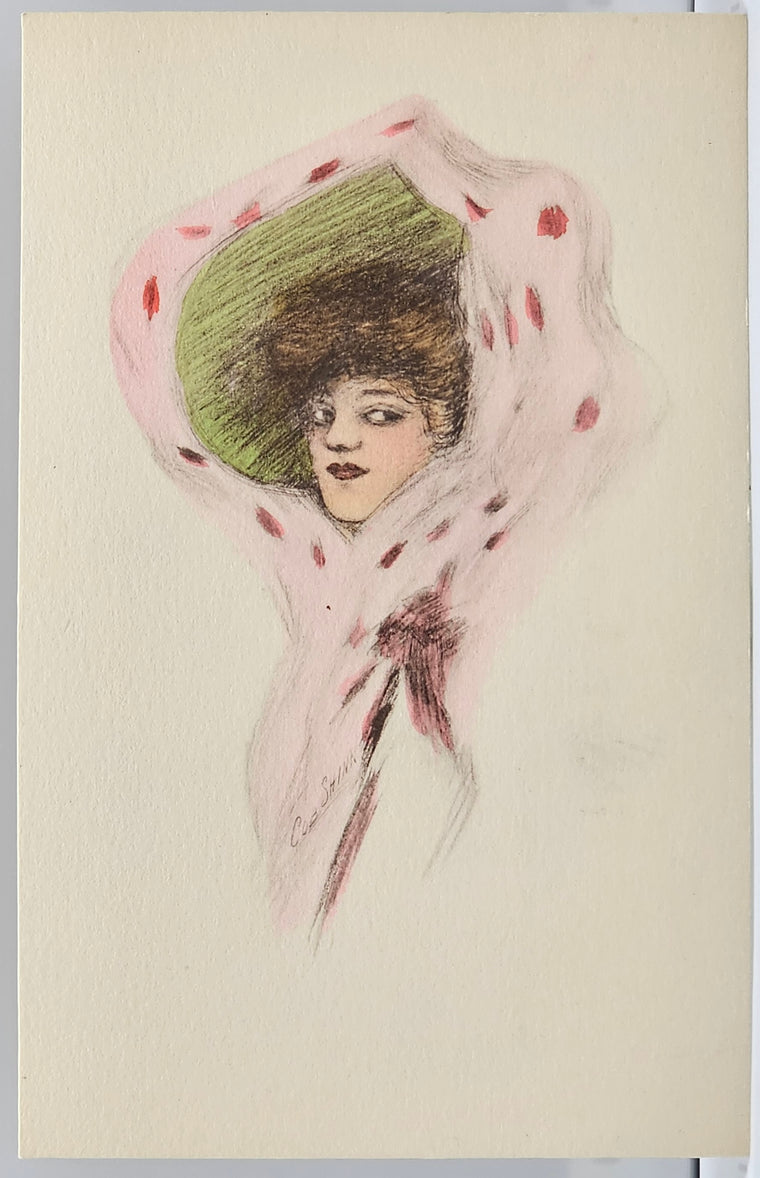 Artist Postcard Cobb Shinn Signed Edwardian Style Woman in Green Hat with Pink Scarf Hand Tinted 1908