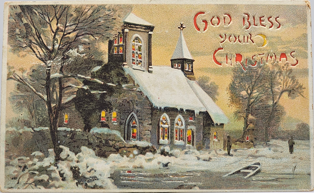 Christmas Postcard HTL Hold To Light Church in Snow