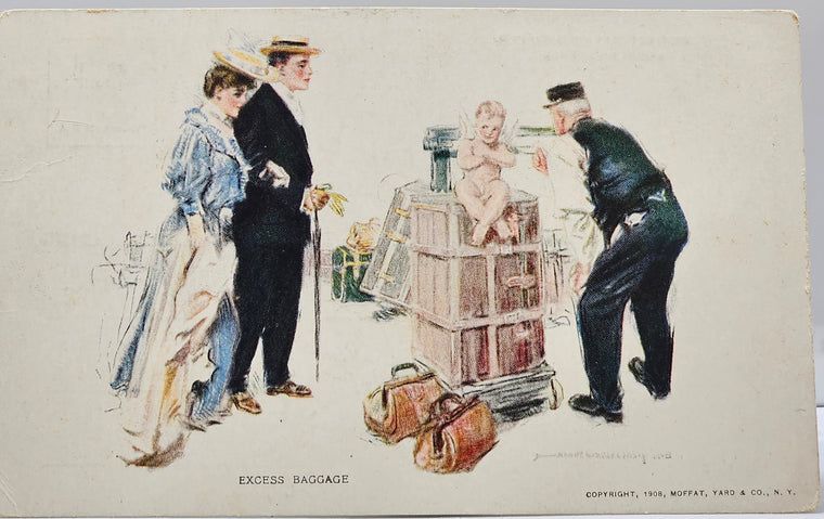 Artist Postcard Howard Chandler Signed Edwardian Style Couple with Cupid on Luggage Titled Excess Baggage