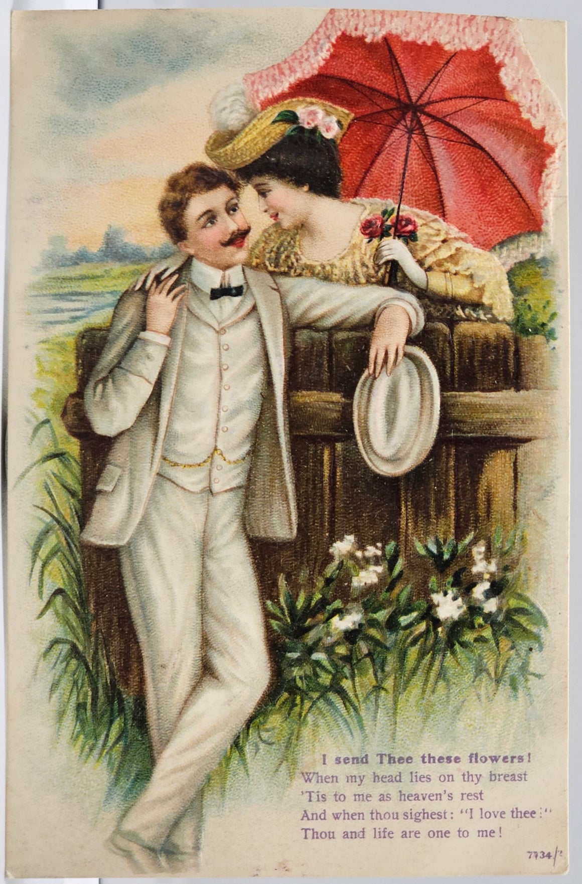 Romantic Couple Love Postcard Man in White Suit Courting Woman in Pink Under Umbrella Poem at Bottom