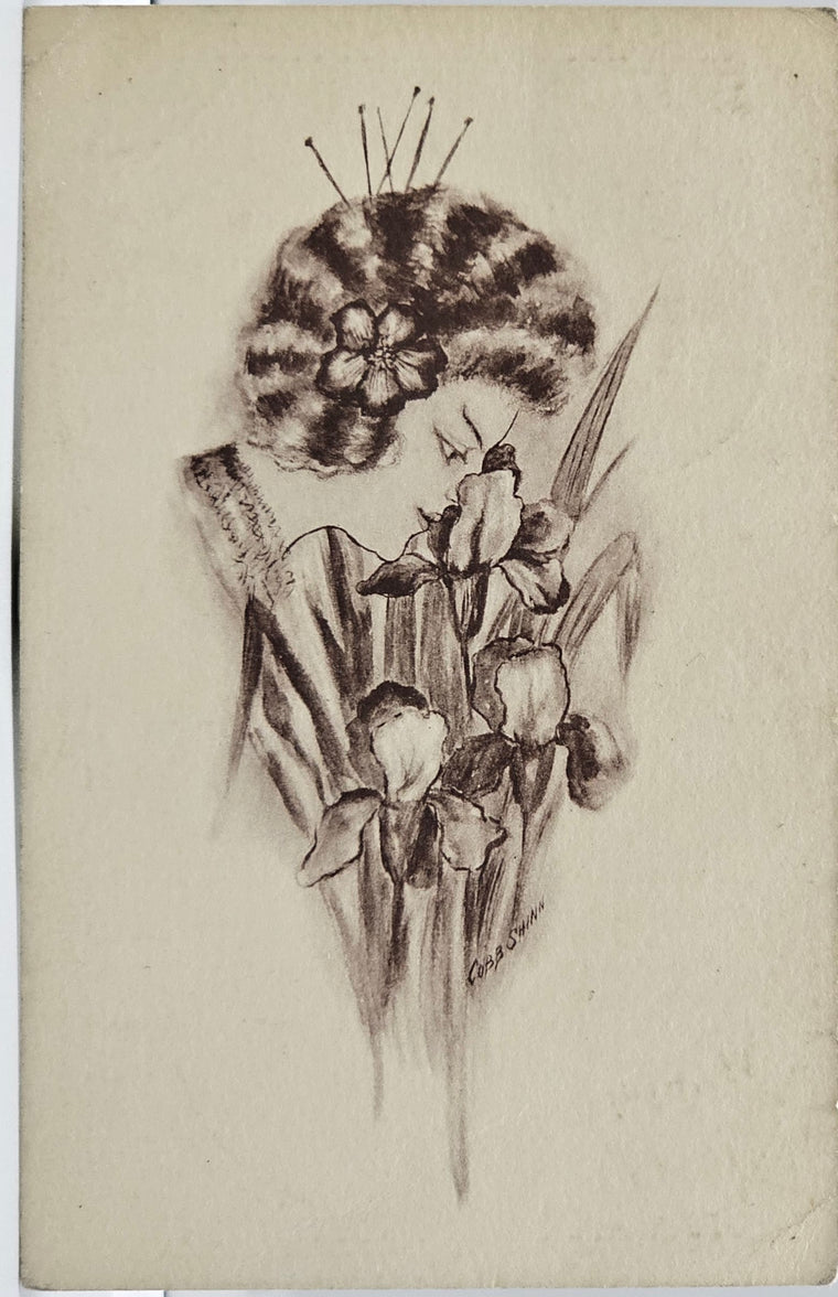 Artist Postcard Cobb Shinn Signed Art Nouveau Card Woman Smelling Iris Flowers