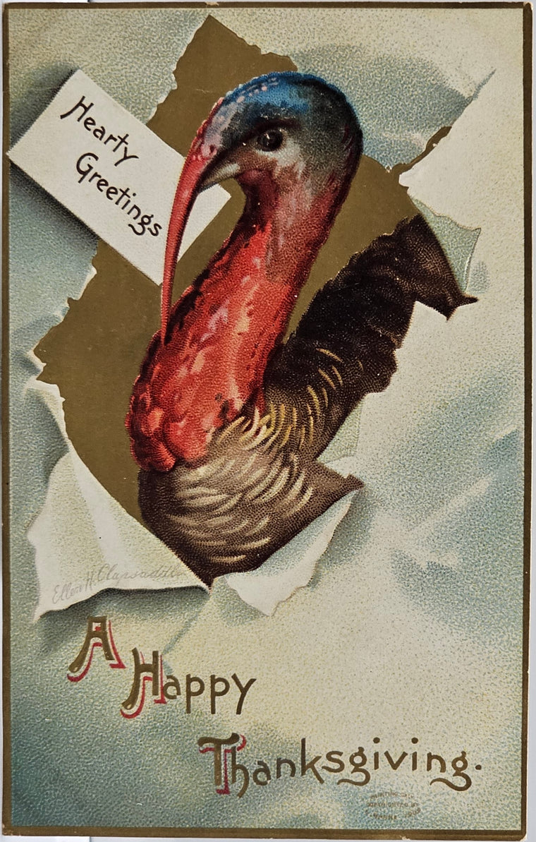 Thanksgiving Postcard Artist Ellen Clapsaddle Turkey Busting Through Paper Intl Art Pub