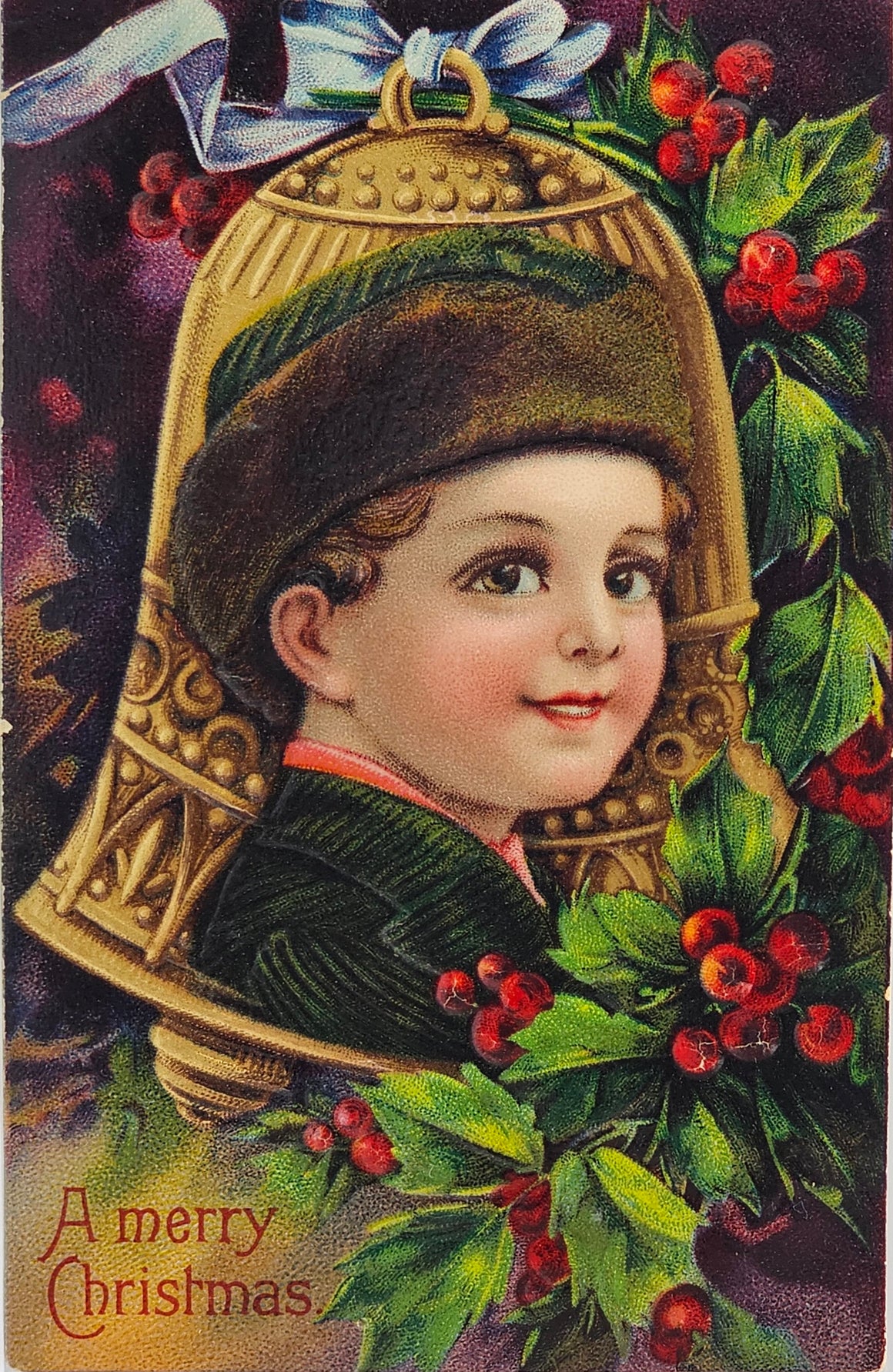 Victorian Style Christmas Postcard Portrait of Boy in Gold Bell Ornament Series 1480 Germany