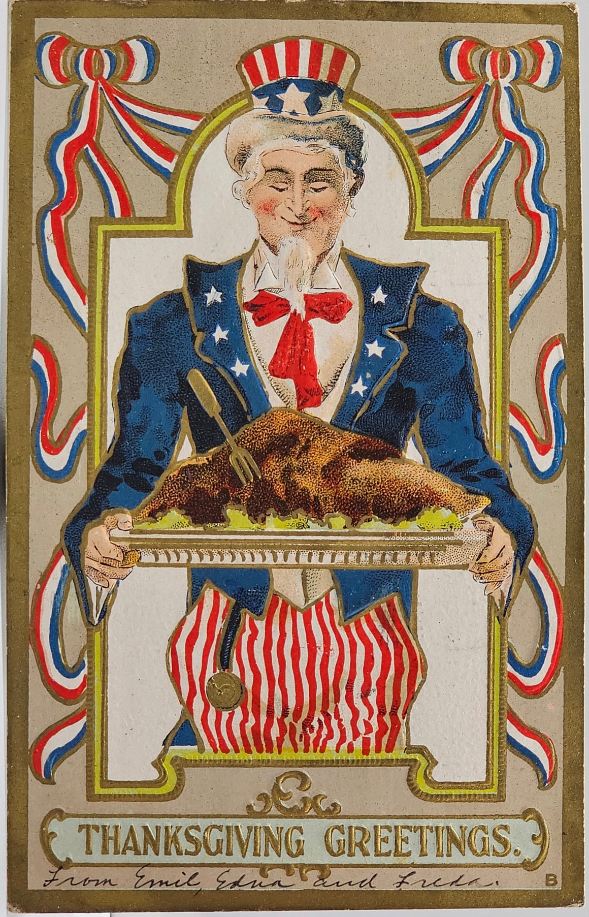 Patriotic Thanksgiving Postcard Uncle Sam Bringing Turkey on Platter Gold Embossed with Red White Blue Theme