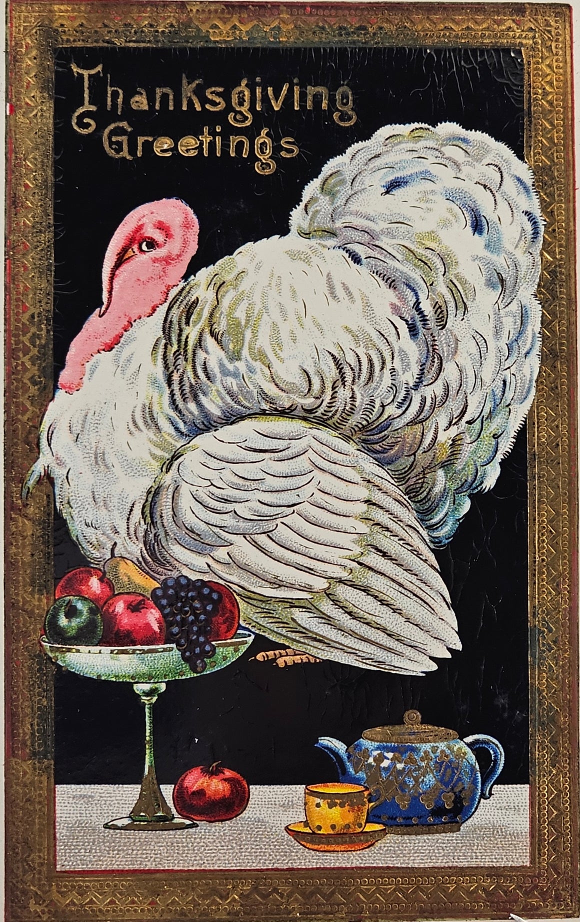 Thanksgiving Postcard Gel Finish Gold Highlighted White Turkey Series 7043