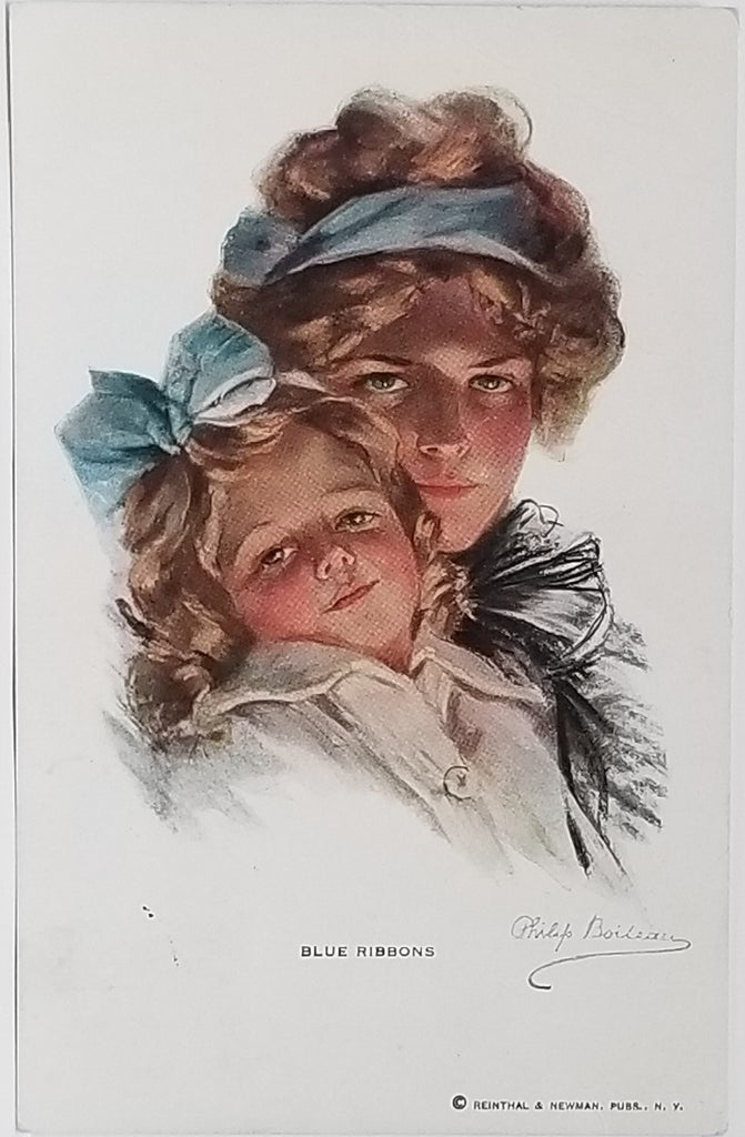Artist Signed Philip Boileau Postcard Post Card Blue Ribbons Mother Child
