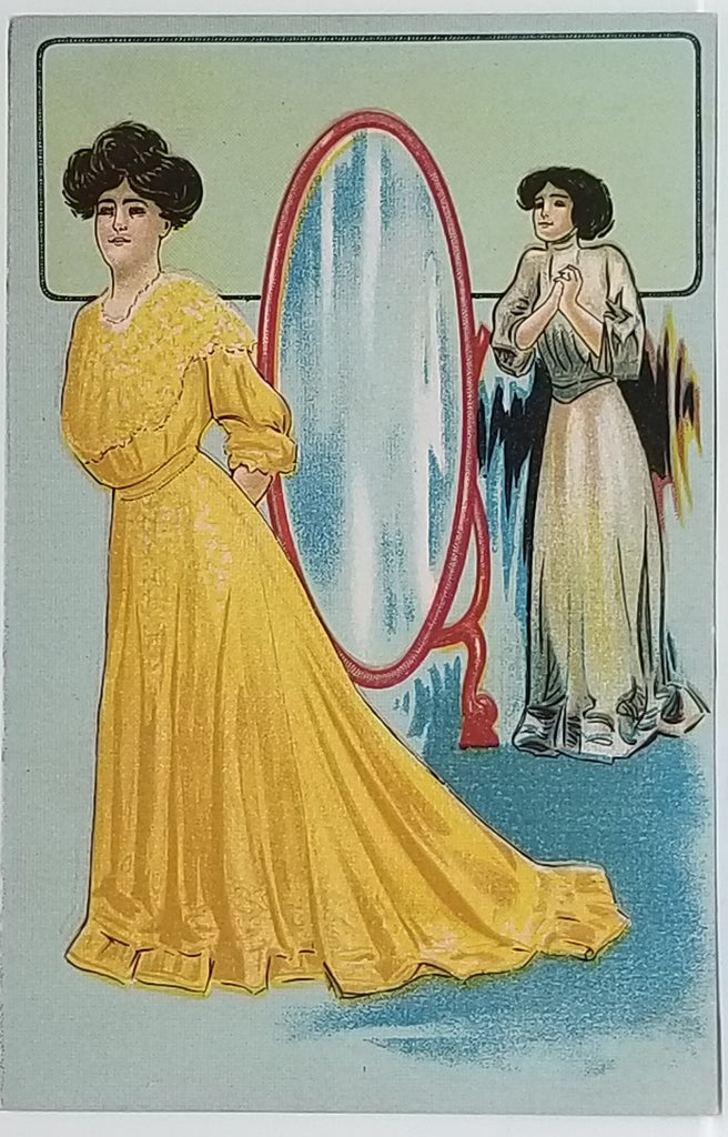 Woman Postcard Lady in Yellow Gown Looking at Reflection in Mirror Series 753 Chapman