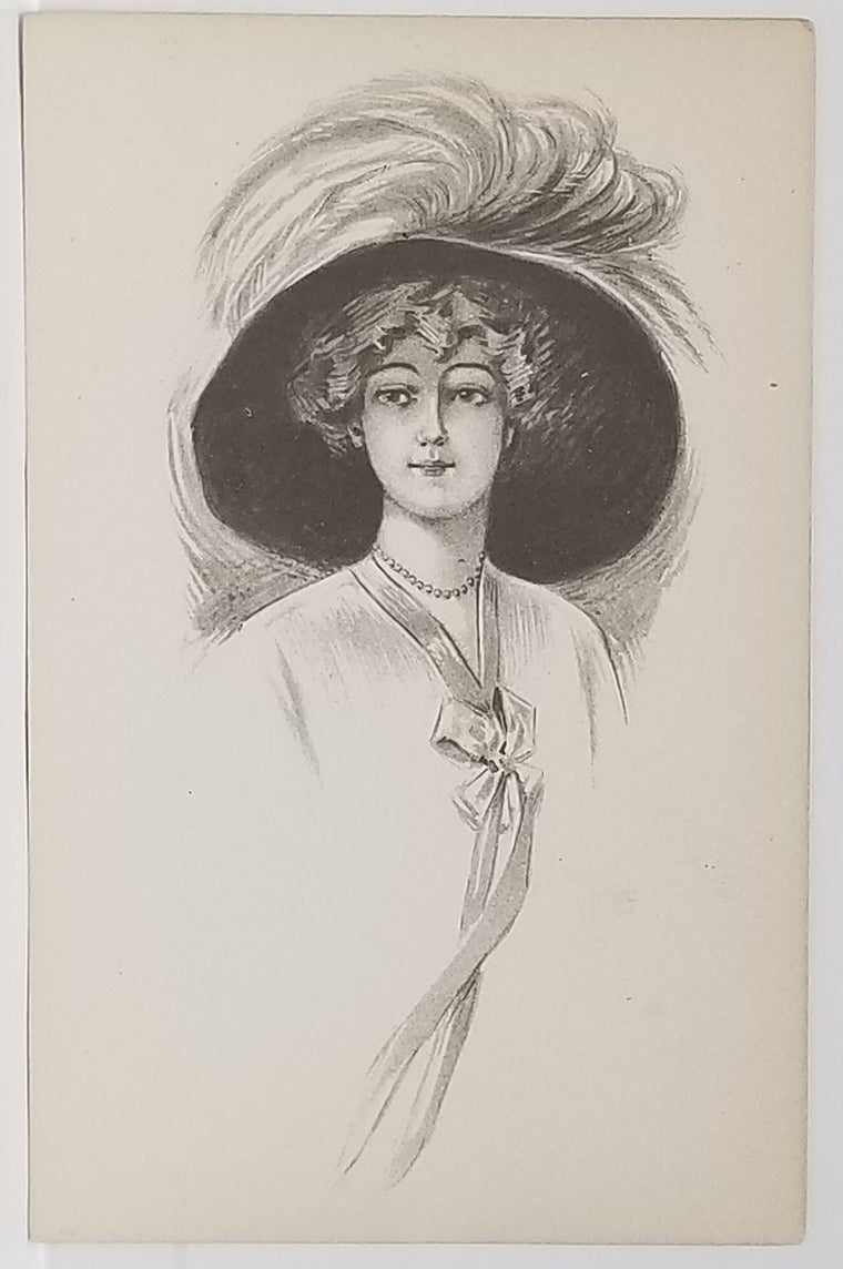 Woman Portrait Artist Postcard Lady in Victorian Gown Large Hat Black & White Monochromatic Card